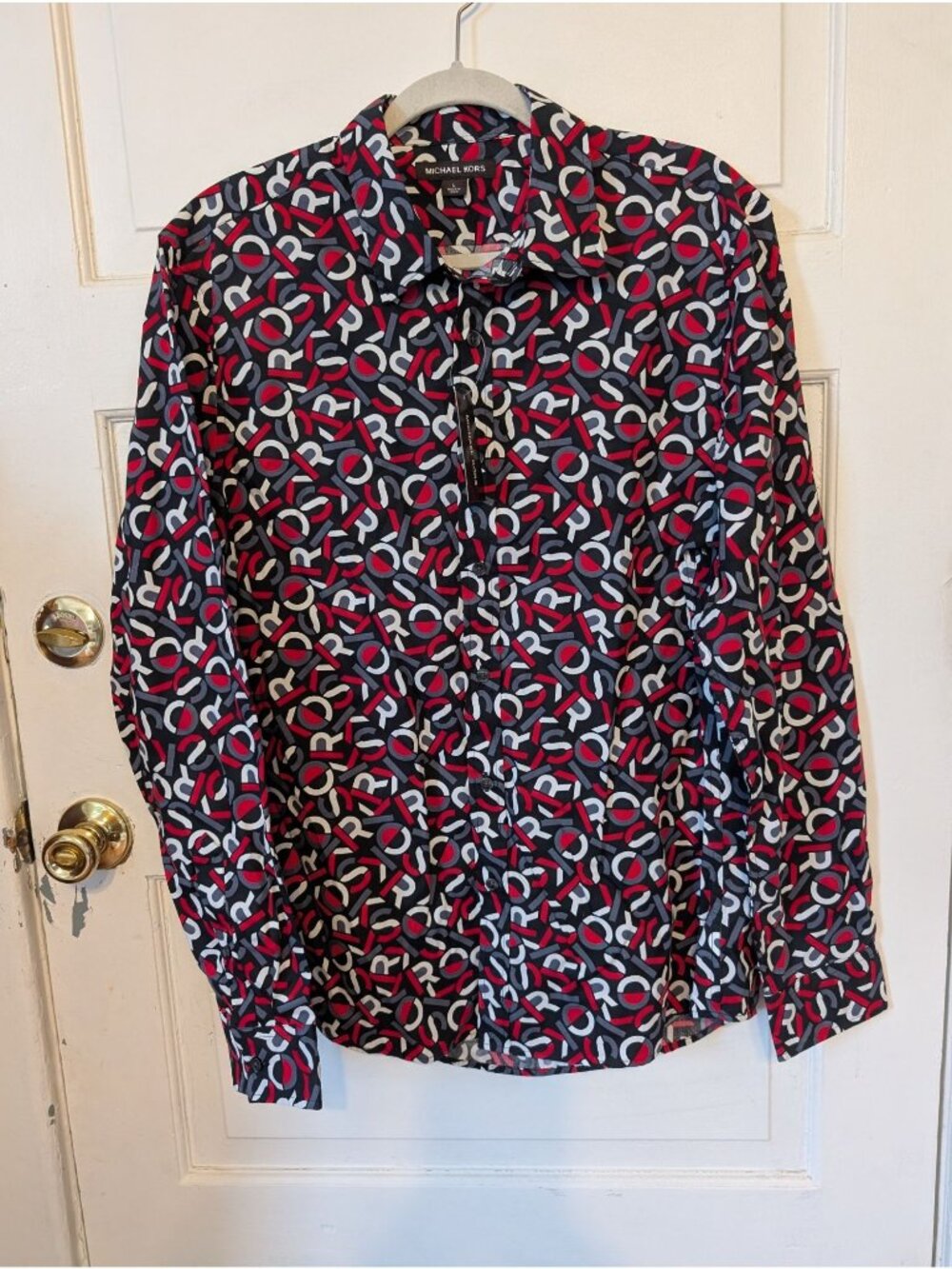 Michael Kors Women's Red Black Geometric Button-front Blouse NWT Size L Office
